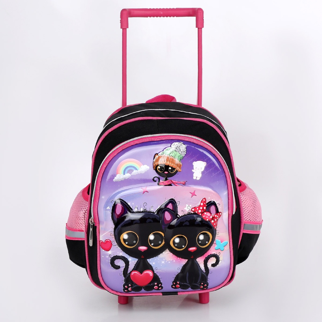 Cartable à Roulettes pour Fille Motif Deux Chats Noirs 3D pour Maternelle et Préparatoire