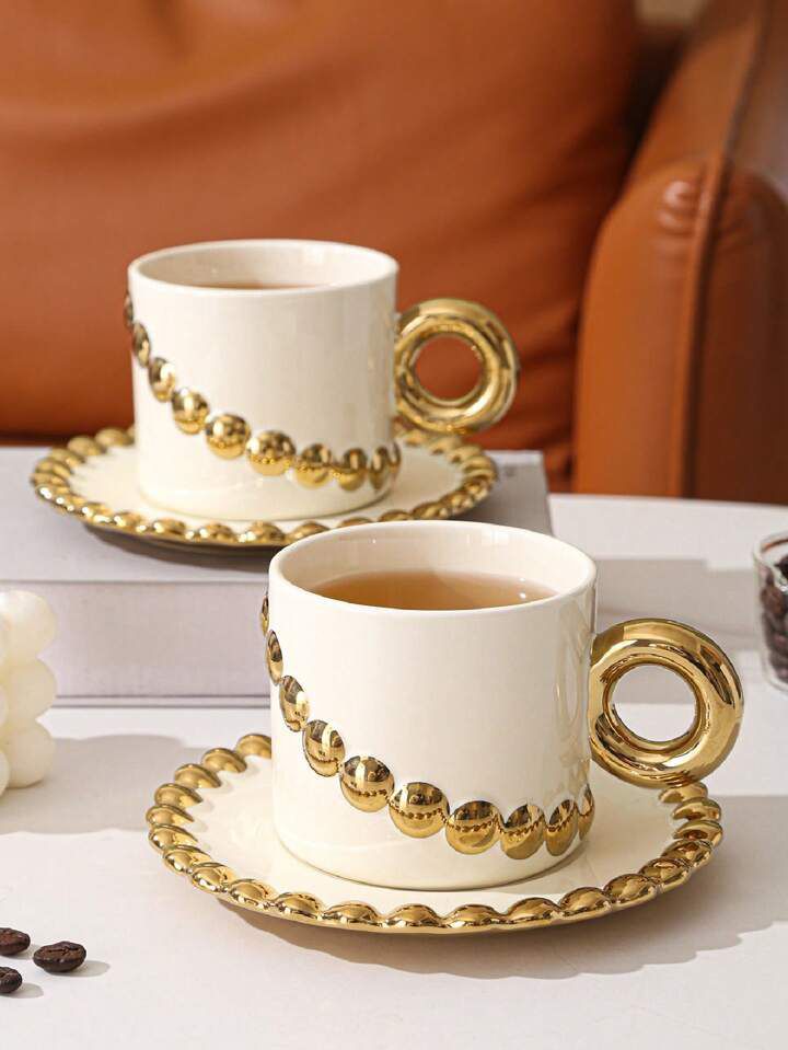 Tasse Mug en Céramique avec Sous Tasse Motif Perles-Blanc