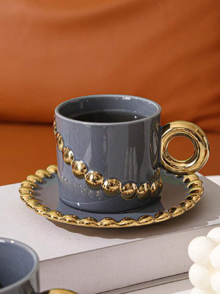 Tasse Mug en Céramique avec Sous Tasse Motif Perles-Bleu ciel 