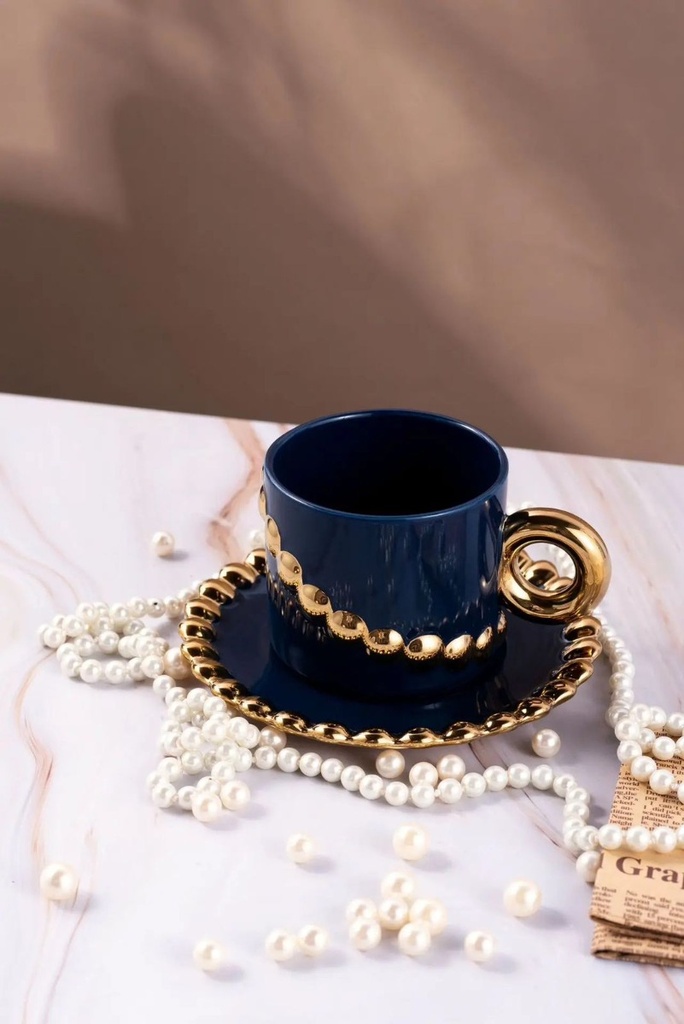 Tasse Mug en Céramique avec Sous Tasse Motif Perles-Bleu foncé