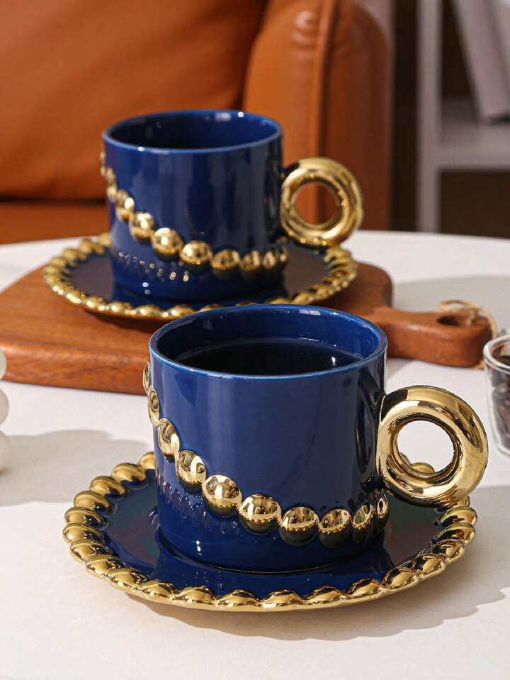 Tasse Mug en Céramique avec Sous Tasse Motif Perles-Bleu foncé