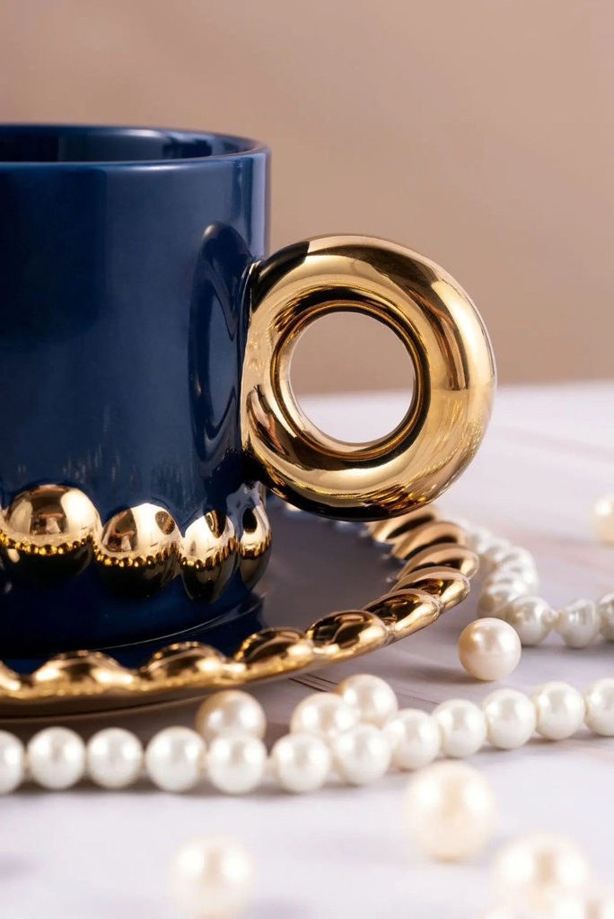 Tasse Mug en Céramique avec Sous Tasse Motif Perles-Bleu foncé