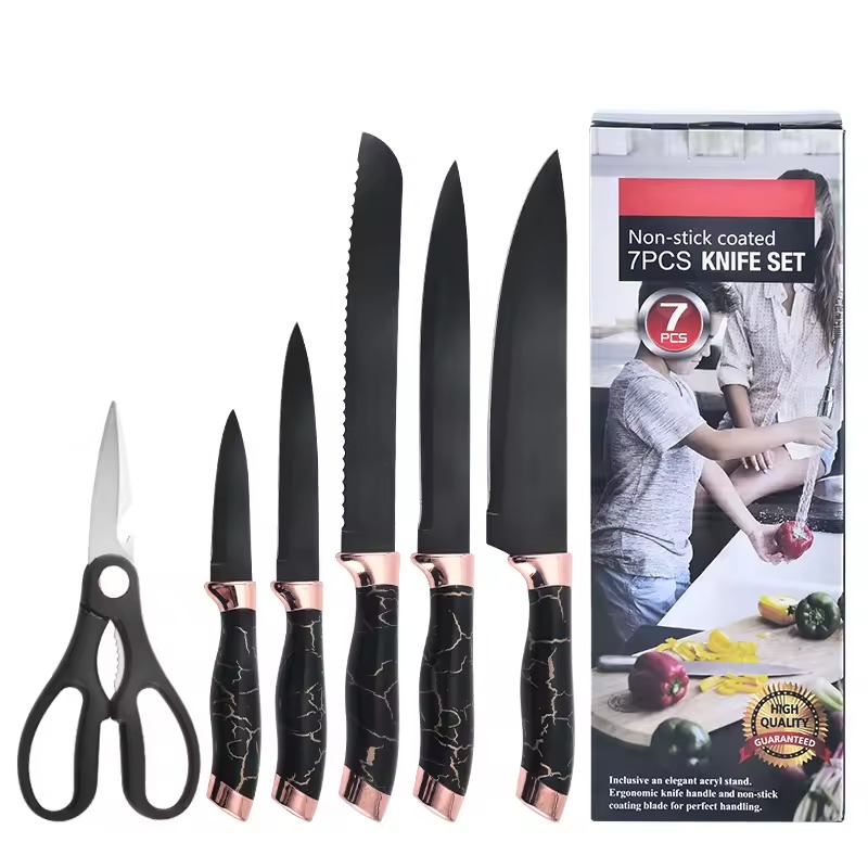 BOBSSEN Ensemble De Couteaux De Cuisine Avec Support 7 Pièces-Noir