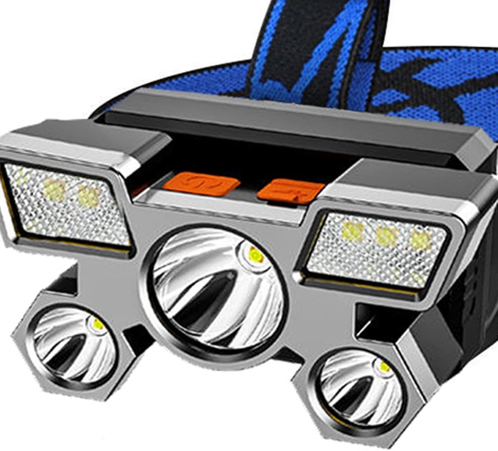  Lampe Frontale LED Rechargeable 5 Têtes – 5 W – Étanche – Avec Bandeau Bleu 