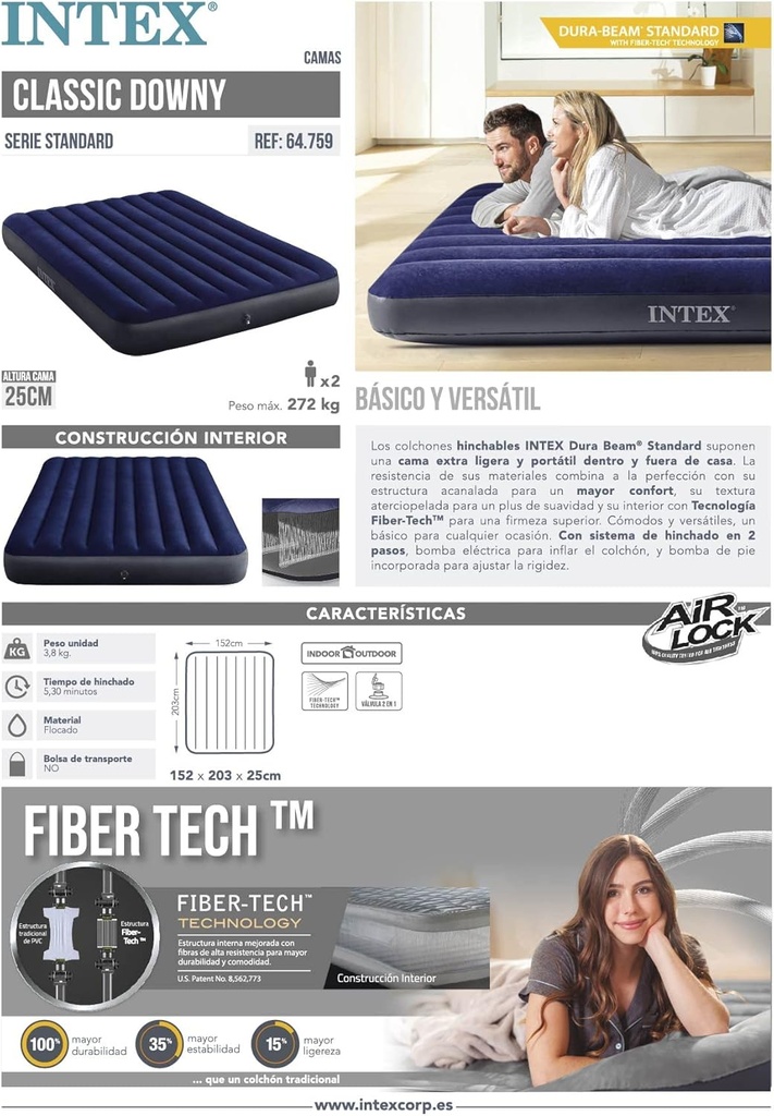 INTEX Matelas Gonflable Classic Downy 2 Personnes  152 cm x 203 cm x 25 cm / Référence : #64759