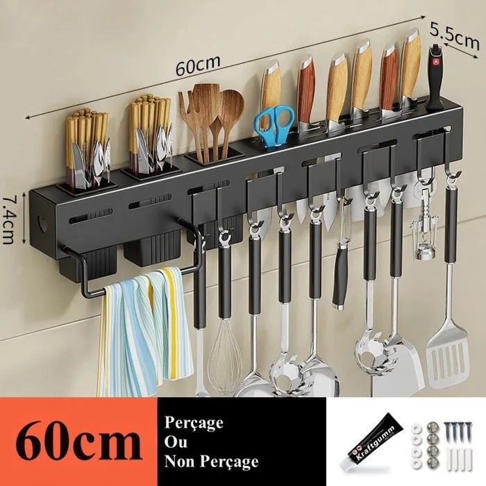 Organisateur Mural Pour Ustensiles De Cuisine – 60 cm | 8 Crochets + 3 Verres De Rangement | Fixation Avec Ou Sans Perçage 