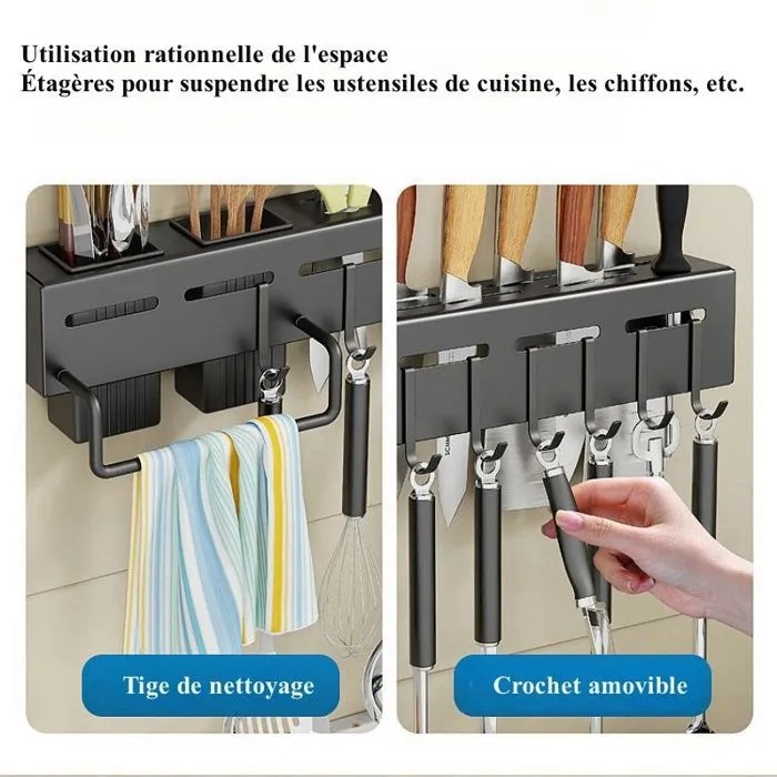 Organisateur Mural Pour Ustensiles De Cuisine – 60 cm | 8 Crochets + 3 Verres De Rangement | Fixation Avec Ou Sans Perçage 