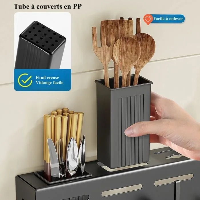 Organisateur Mural Pour Ustensiles De Cuisine – 60 cm | 8 Crochets + 3 Verres De Rangement | Fixation Avec Ou Sans Perçage 