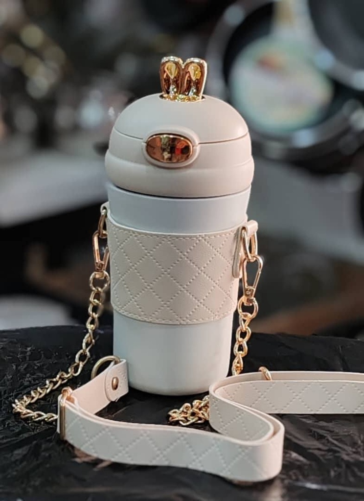 Thermos avec Motif Oreilles de Lapin et Sangle Bandoulière 480 ml Blanc