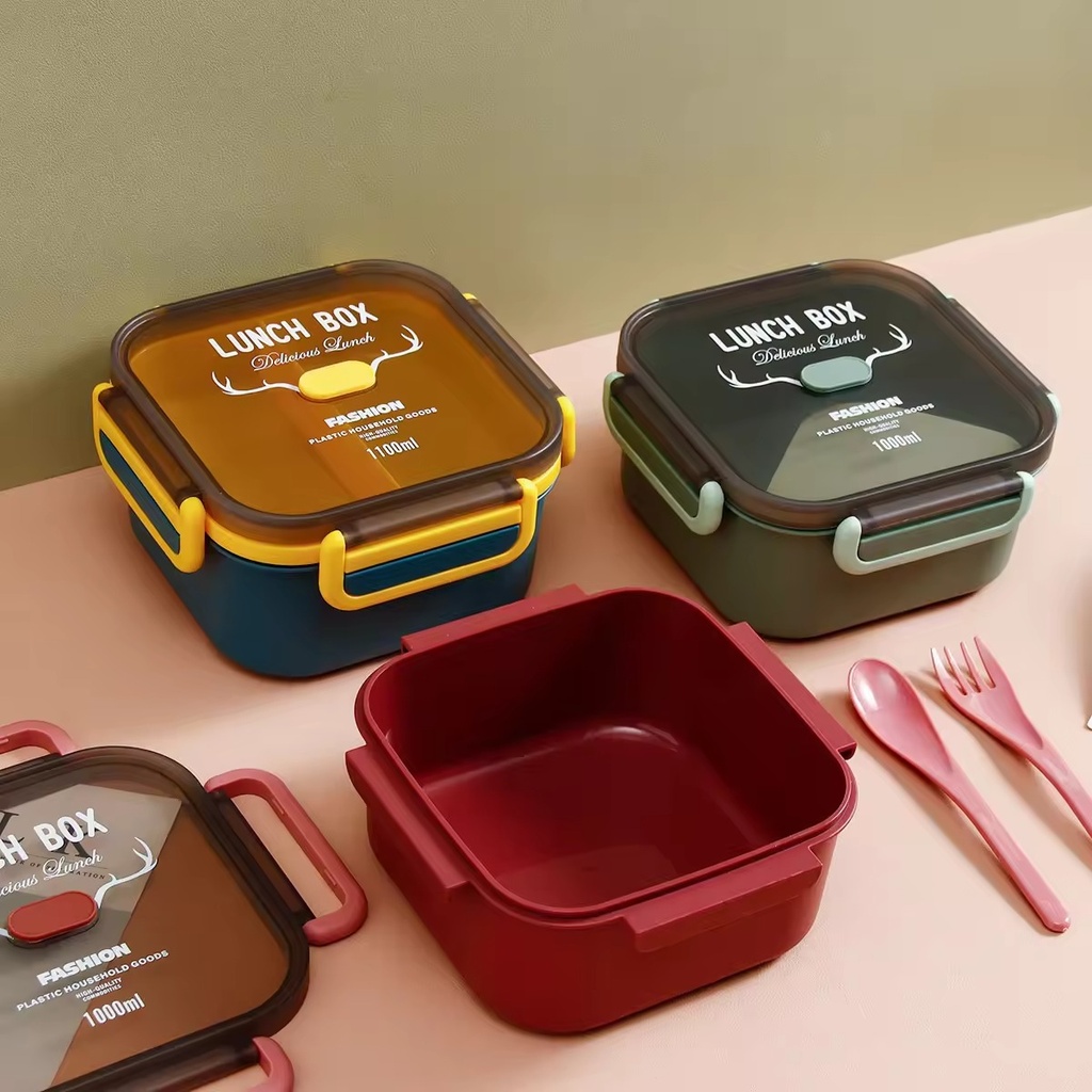 Boîte à Gouter carré Lunch Box Avec 3 Compartiments et Cuillère et fourchette En Plastique Alimentaire Sans BPA 1000ml 