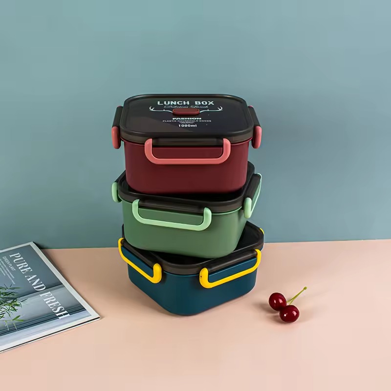 Boîte à Gouter carré Lunch Box Avec 3 Compartiments et Cuillère et fourchette En Plastique Alimentaire Sans BPA 1000ml 