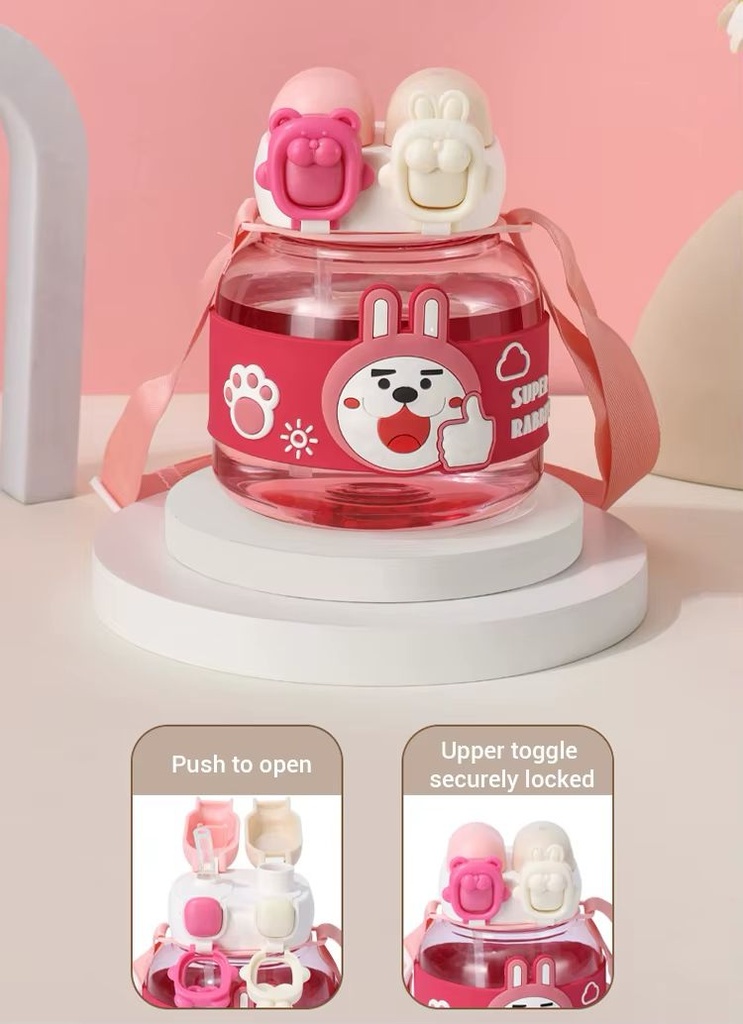 Gourde Enfant Rose 1000 ml Sans BPA – Motif Lapin & Ours