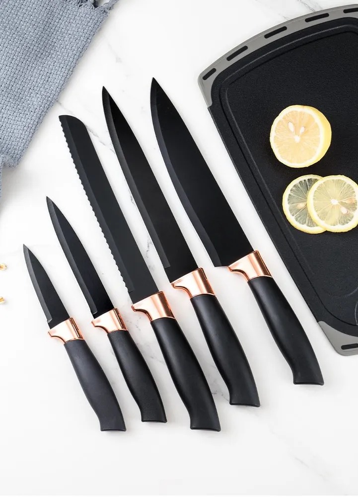 Ensemble de Louches et couteaux et planche avec support-Noir