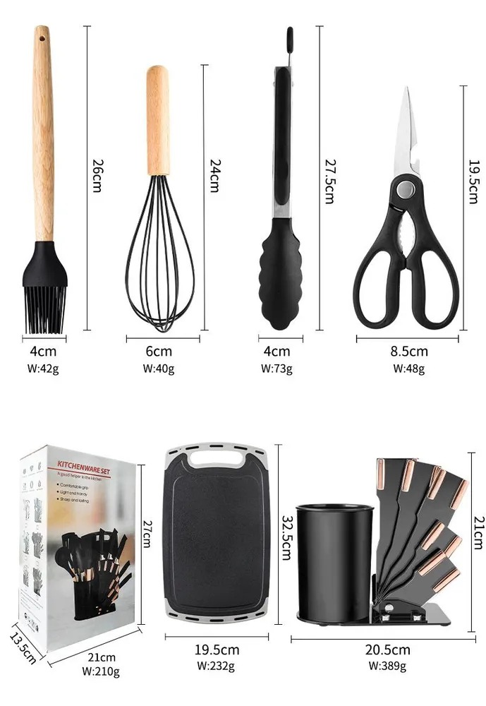 Ensemble de Louches et couteaux et planche avec support-Noir