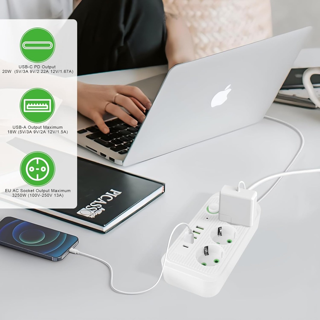 Multiprise  Avec 3 Prises AC, 4 Ports USB-A & 1 Port USB-C