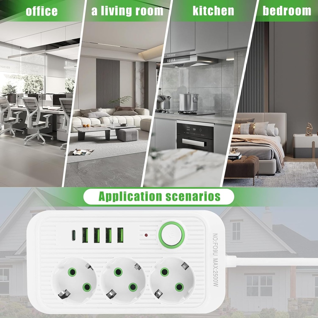Multiprise  Avec 3 Prises AC, 4 Ports USB-A & 1 Port USB-C