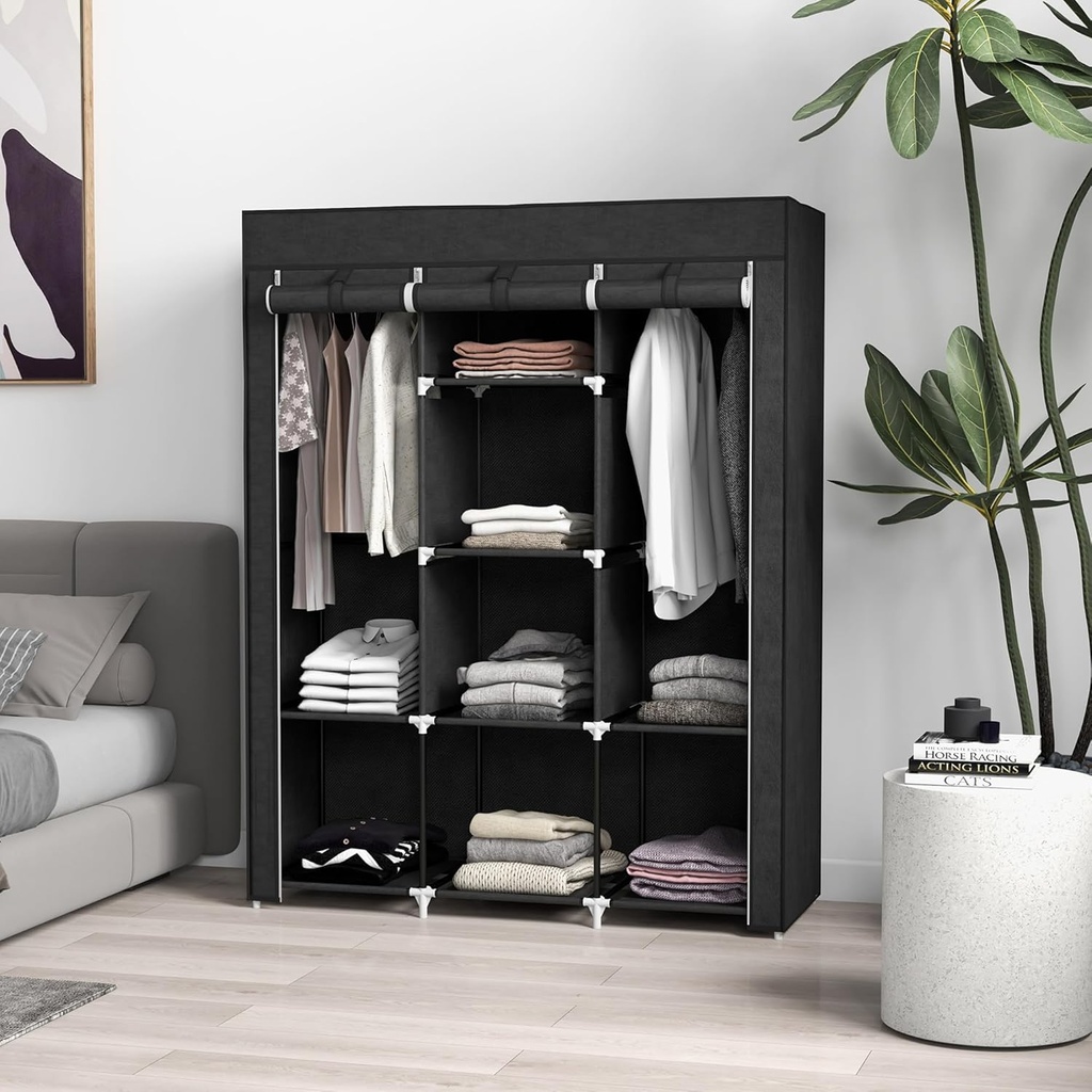 Armoire de Rangement Multifonctionnelle avec Housse en Tissu Noir 170 x 130 x 45 cm 10 Compartiments