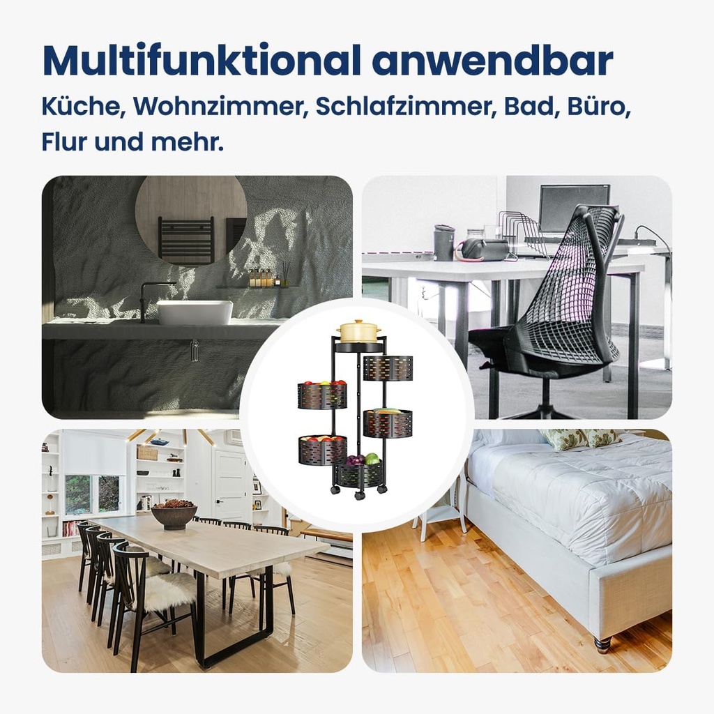 Étagère de Rangement Rotative Multifonctionnelle  En Noir à 5 Niveaux Avec 4 Roues Amovibles