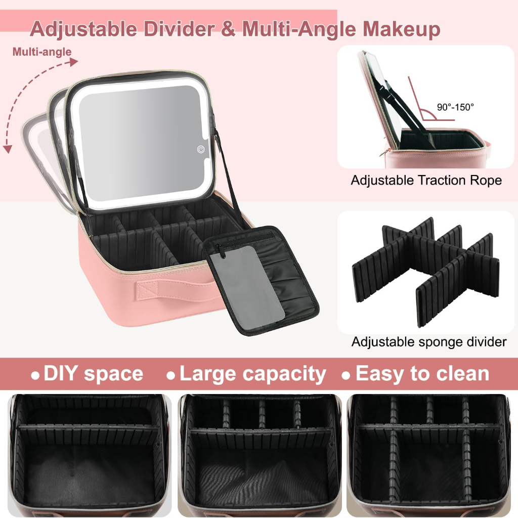 Organisateur De Maquillage Multifonctionnel Avec Miroir LED Rose 