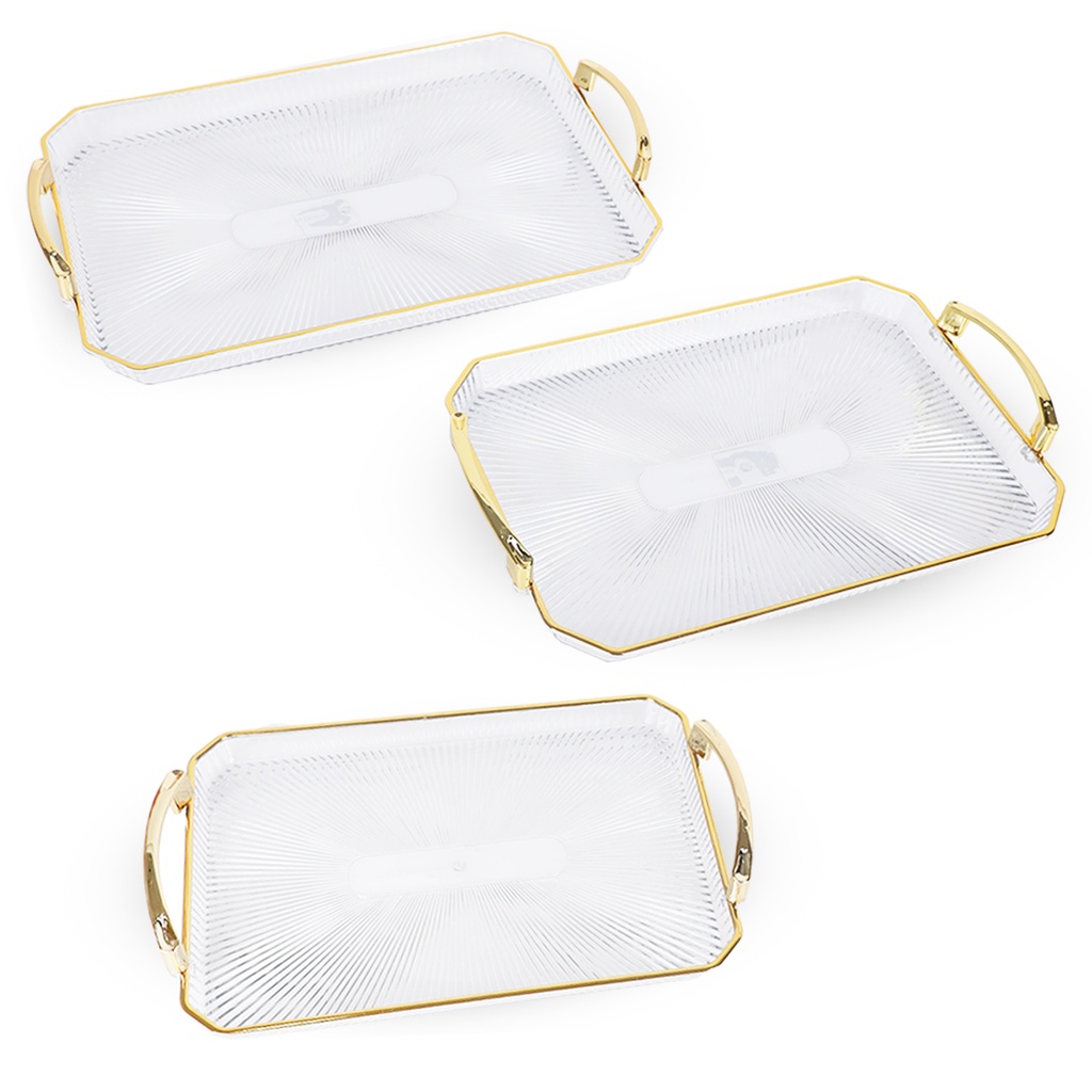 Ensemble de 3 plateaux Rectangulaires Transparent avec poignées dorées