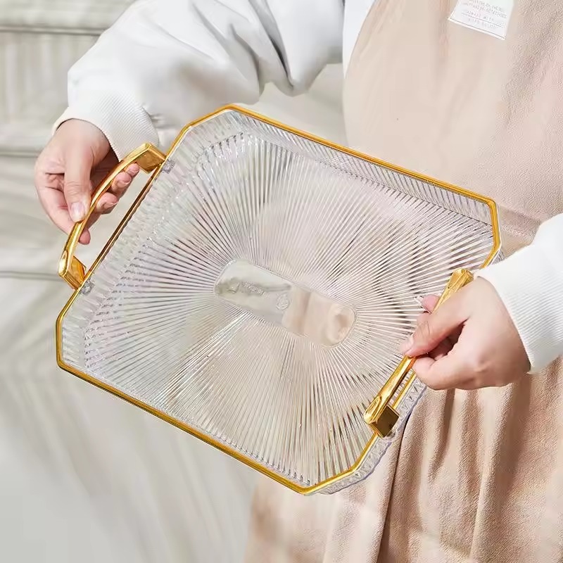 Ensemble de 3 plateaux Rectangulaires Transparent avec poignées dorées
