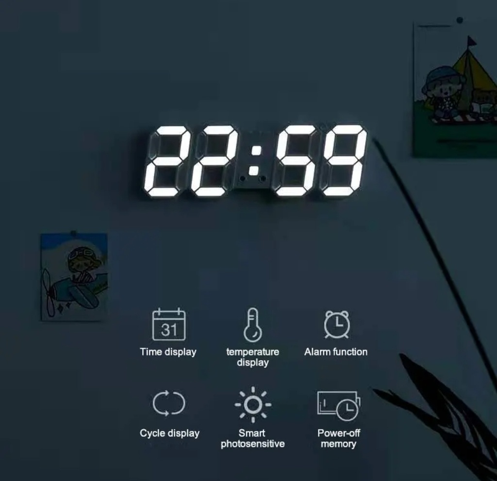 Horloge Digital Led 3D Affichage 24/12 Heures et  Alarme Snooze et Température