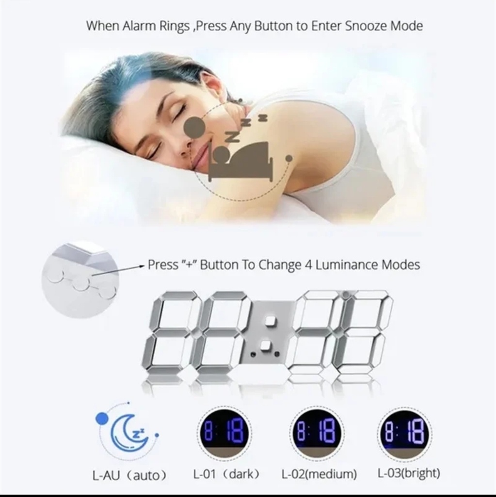 Horloge Digital Led 3D Affichage 24/12 Heures et  Alarme Snooze et Température