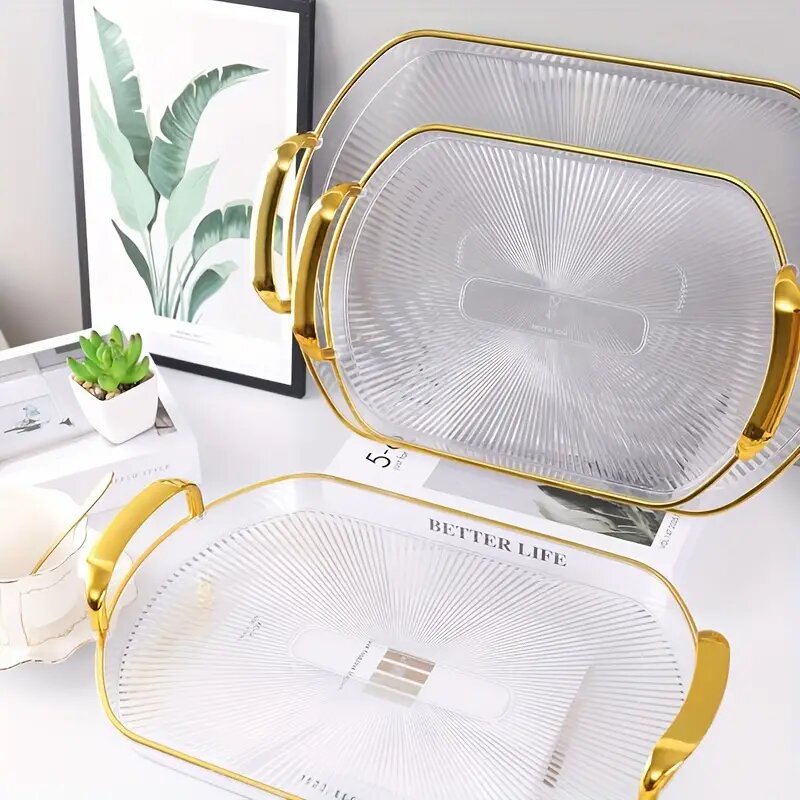 Ensemble de 3 plateaux Ovales Transparent Avec Poignées Dorées