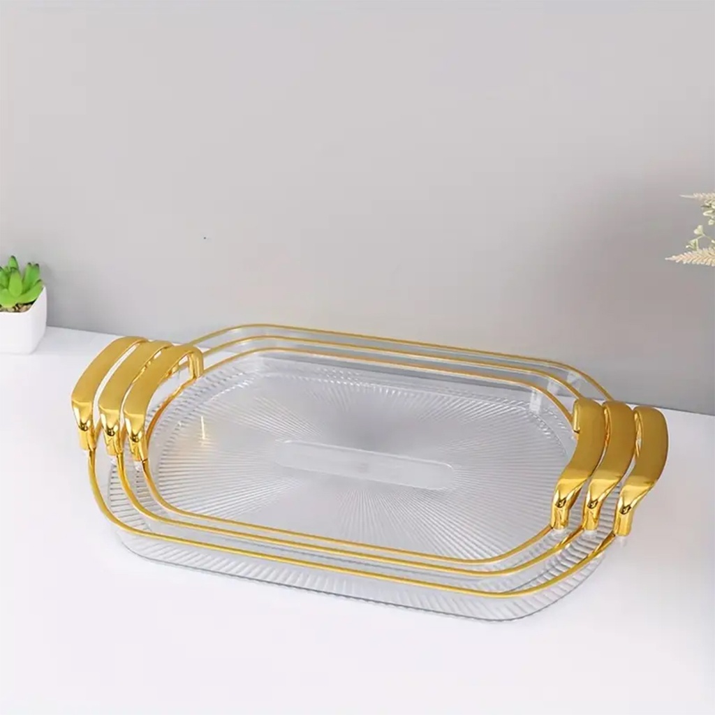 Ensemble de 3 plateaux Ovales Transparent Avec Poignées Dorées