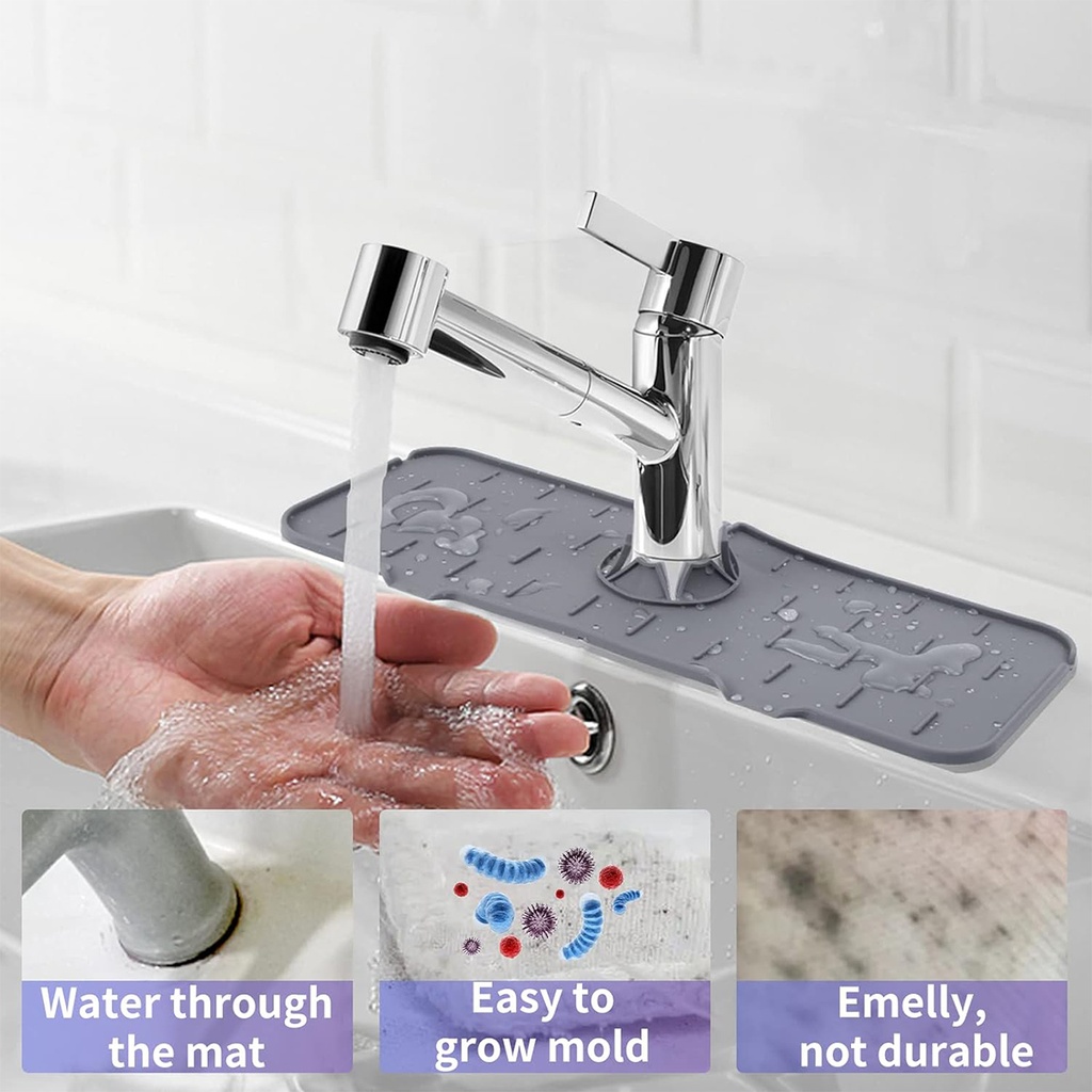 Tapis d'évier de robinet en silicone et porte savon et chiffon 2 en 1-Gris