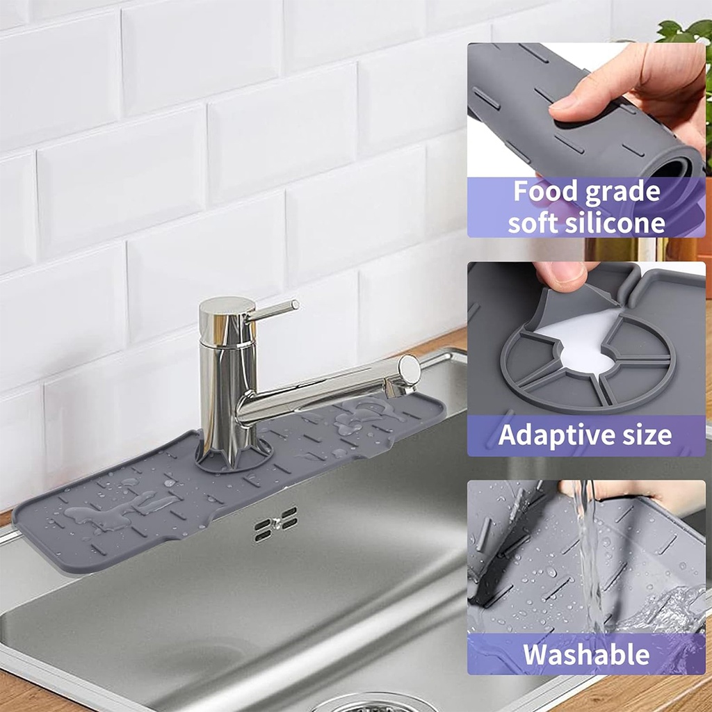 Tapis d'évier de robinet en silicone et porte savon et chiffon 2 en 1-Gris