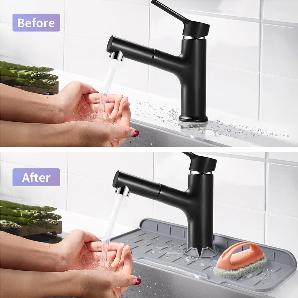 Tapis d'évier de robinet en silicone et porte savon et chiffon 2 en 1-Gris