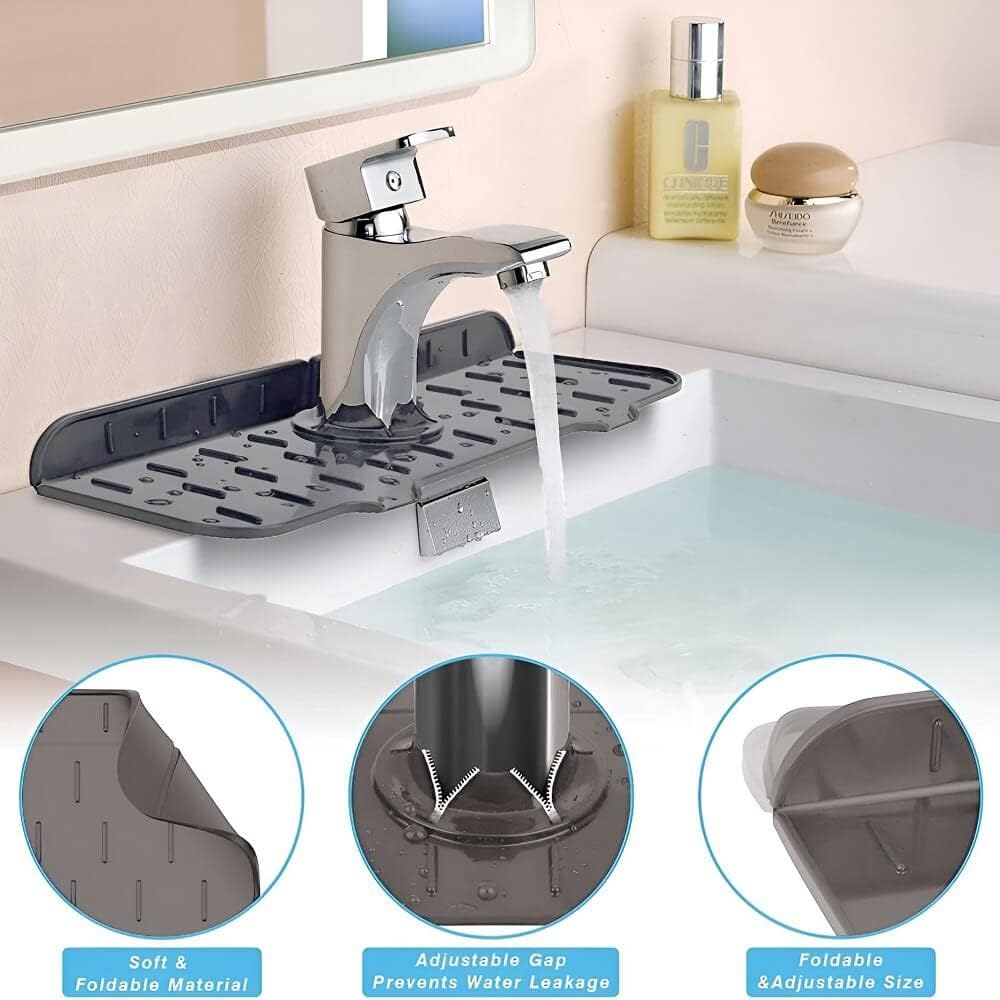 Tapis d'évier de robinet en silicone et porte savon et chiffon 2 en 1-Gris charbon