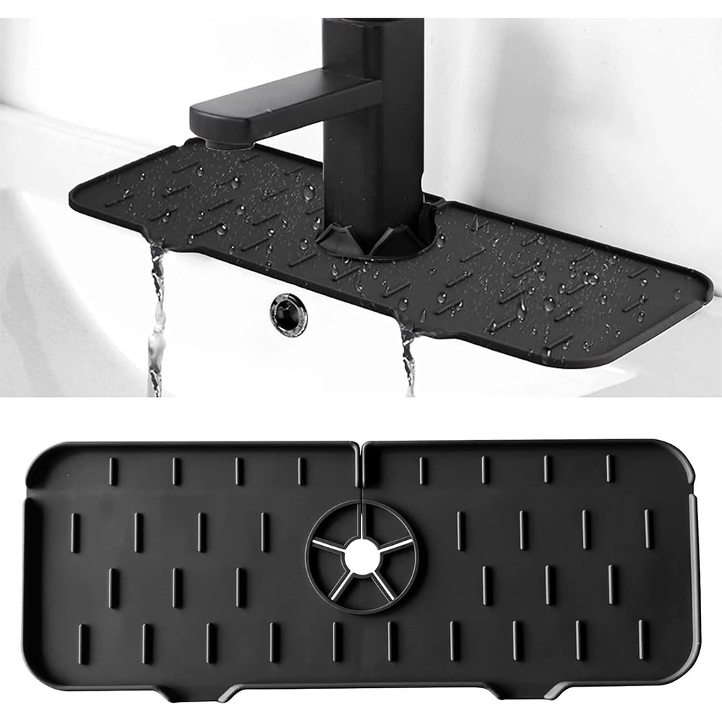 Tapis d'évier de robinet en silicone et porte savon et chiffon 2 en 1-Noir