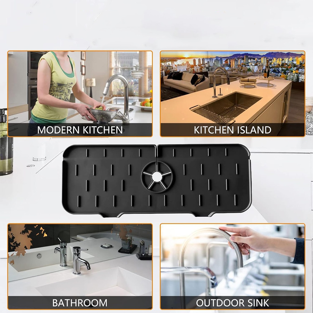 Tapis d'évier de robinet en silicone et porte savon et chiffon 2 en 1-Noir