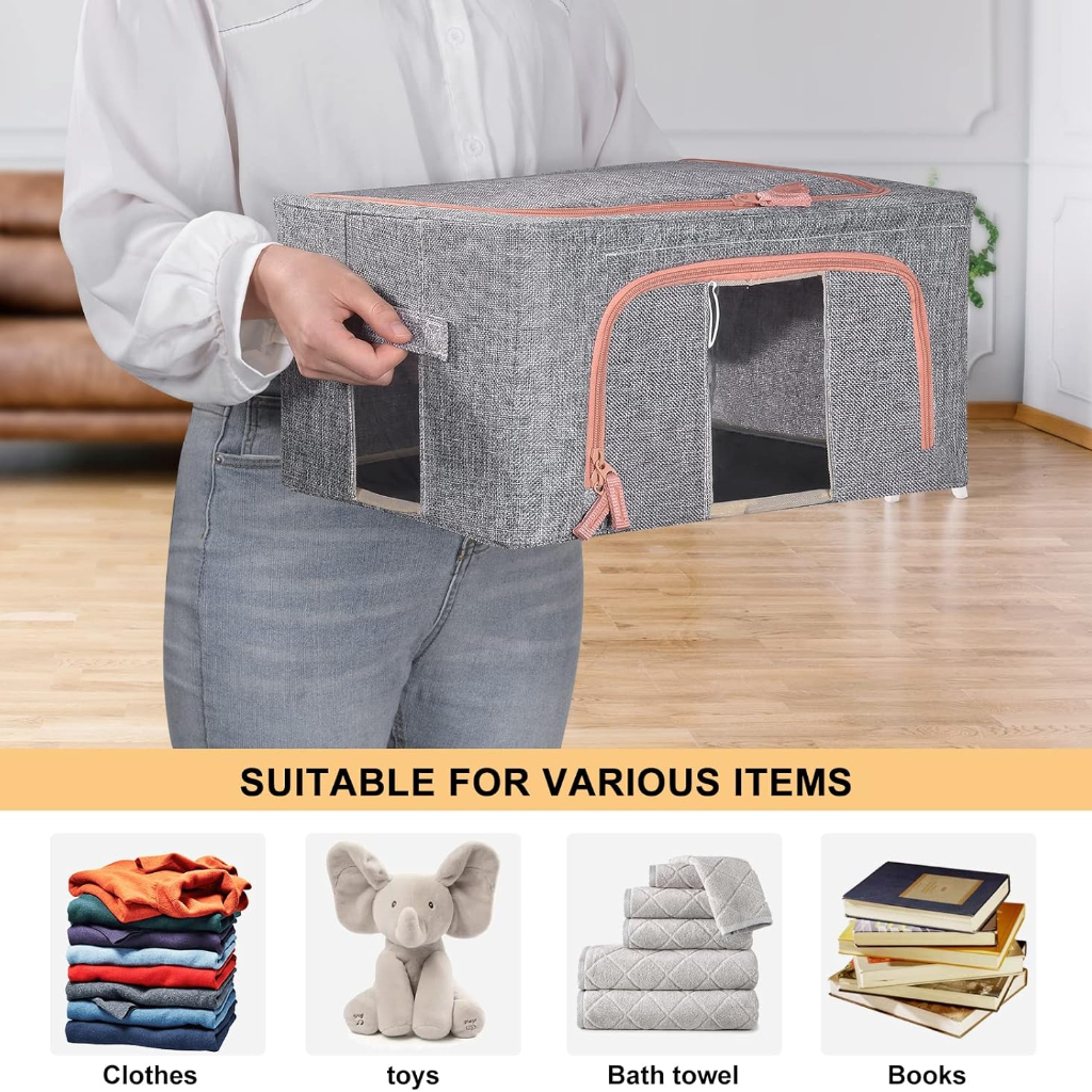 Boîte de Rangement Pliable pour Linge de Maison 24L Modèle 1 – Double Ouverture avec Fenêtre Transparente pour une Organisation Optimisée-Gris