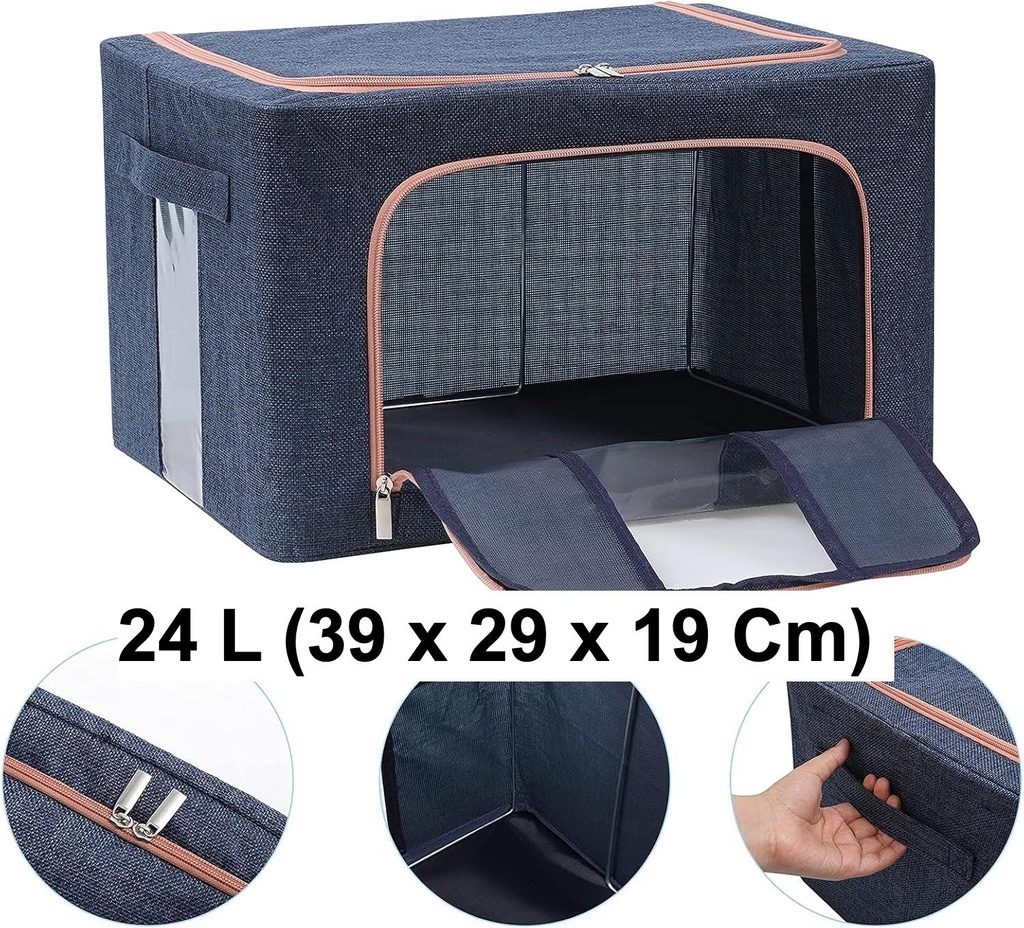 Boîte de Rangement Pliable pour Linge de Maison 24L Modèle 1 – Double Ouverture avec Fenêtre Transparente pour une Organisation Optimisée-Bleu