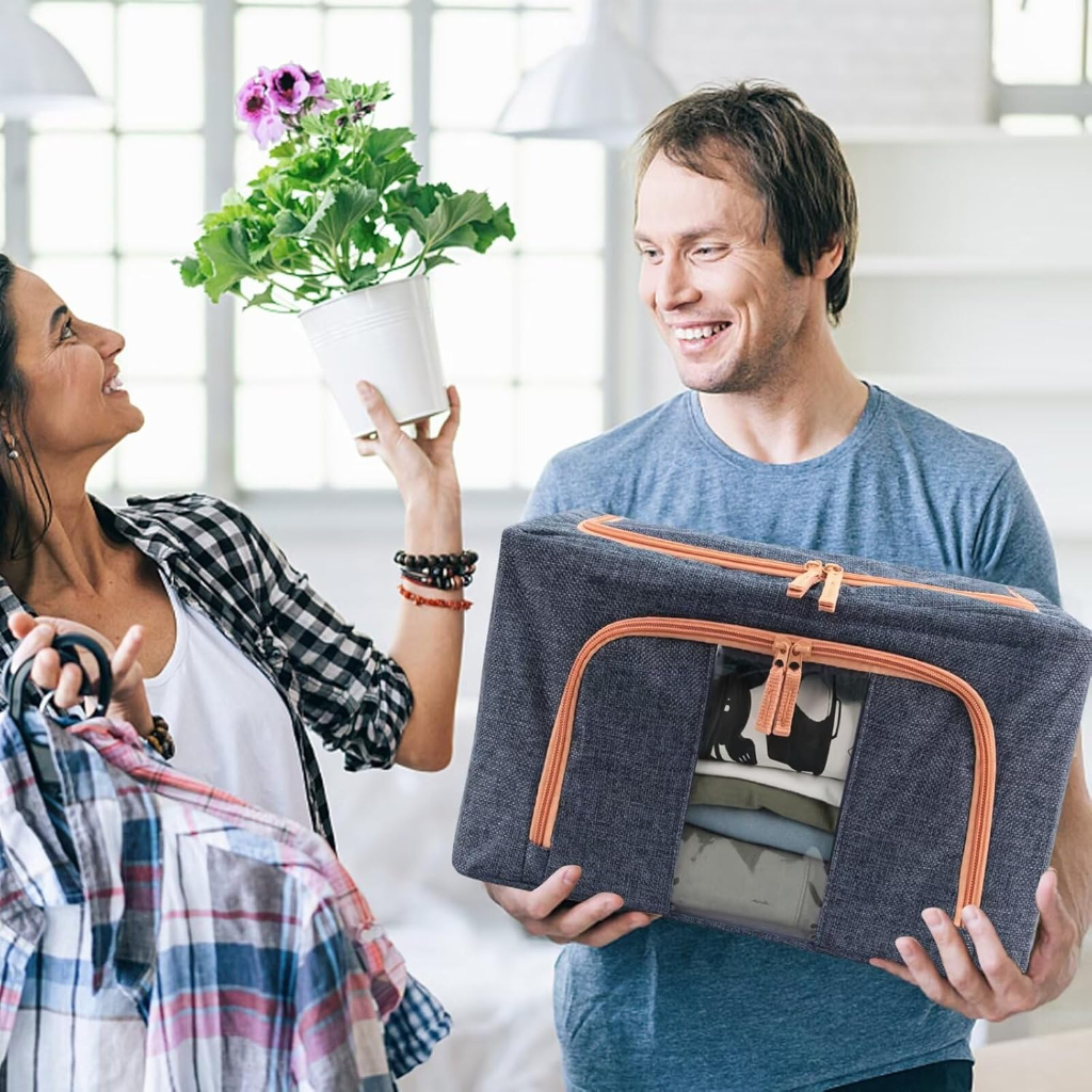 Boîte de Rangement Pliable pour Linge de Maison 24L Modèle 1 – Double Ouverture avec Fenêtre Transparente pour une Organisation Optimisée-Bleu