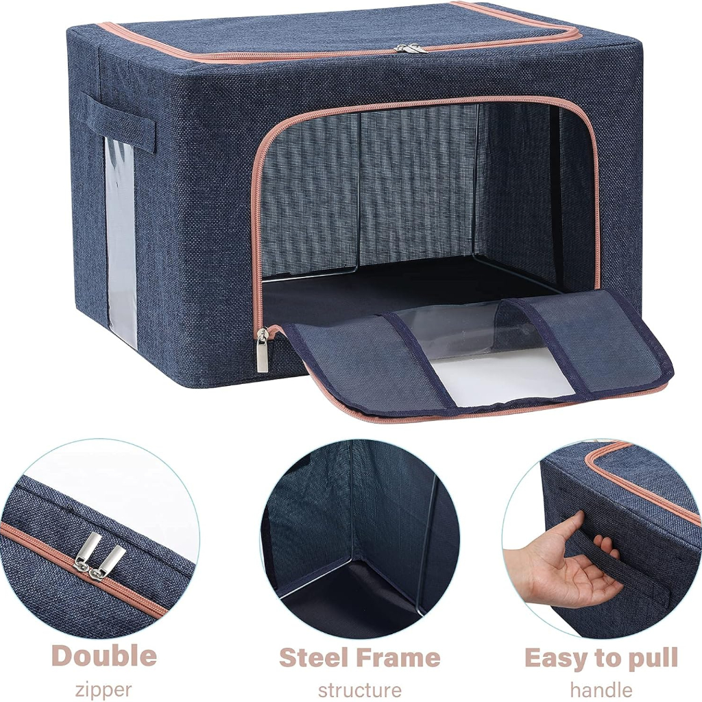 Boîte de Rangement Pliable pour Linge de Maison 24L Modèle 1 – Double Ouverture avec Fenêtre Transparente pour une Organisation Optimisée-Bleu