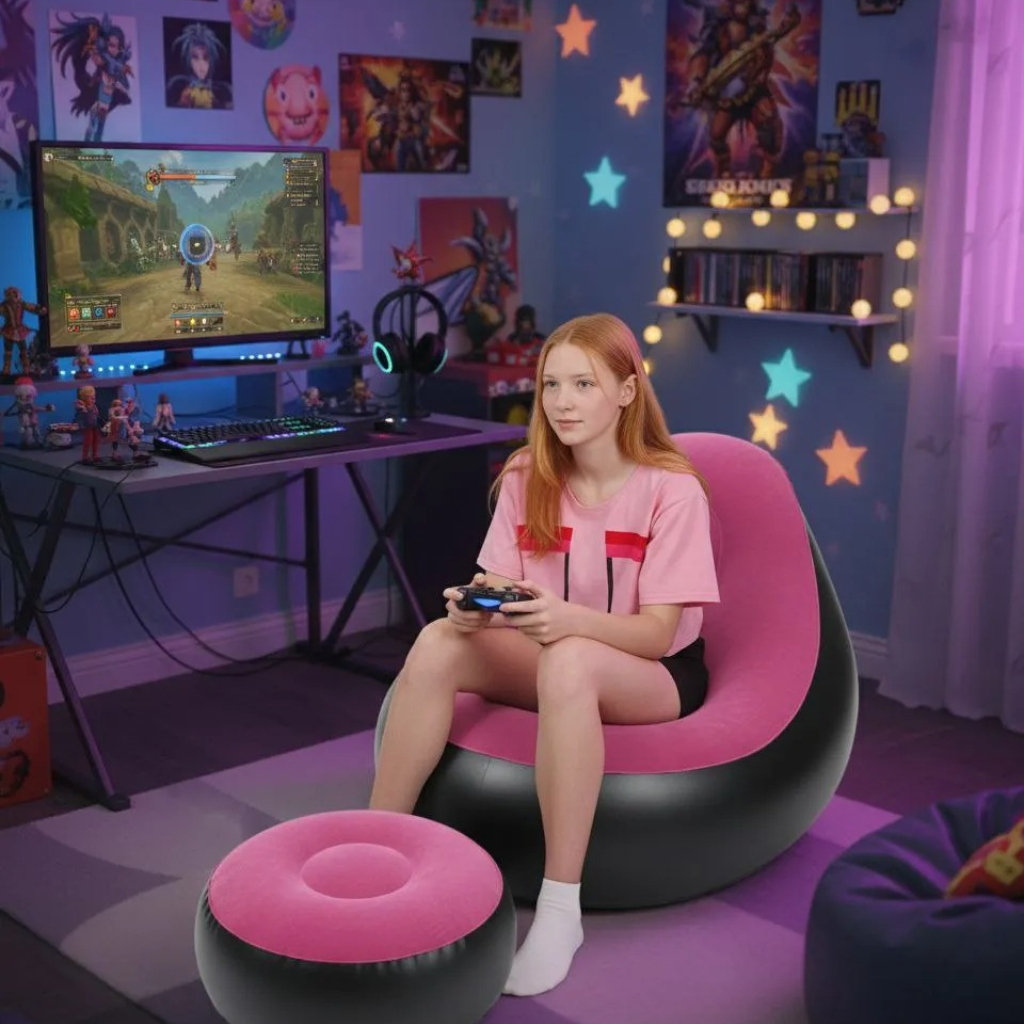 Canapé Gonflable Avec Repose-Pied – Pliable et Portable En Rose  Avec Pompe