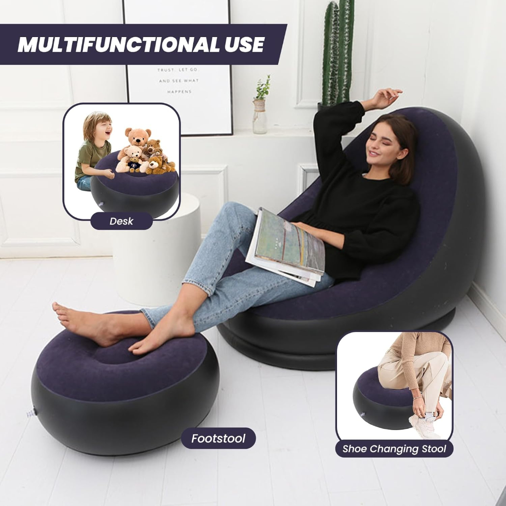 Canapé Gonflable Avec Repose-Pied – Pliable et Portable En Mauve Foncé Avec Pompe