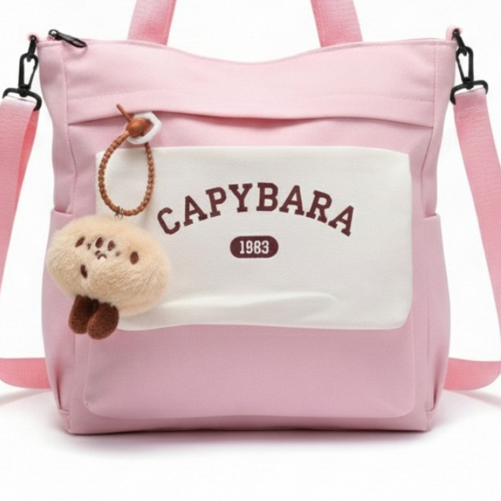 Sac à Main Motif Capybara – Style Coréen Kawaii Avec Porte-Clé Peluche Rose 