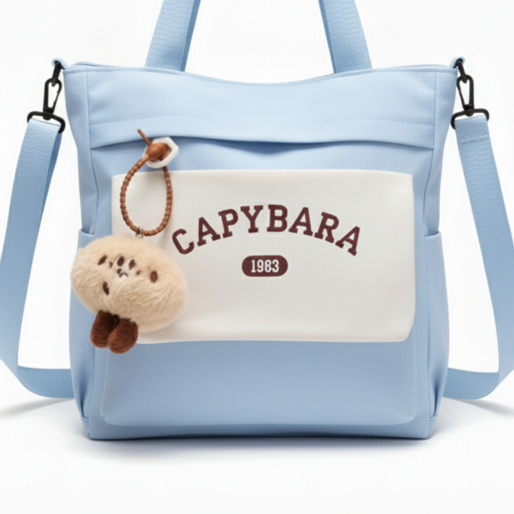 Sac à Main Motif Capybara – Style Coréen Kawaii avec Porte-Clé Peluche Bleu