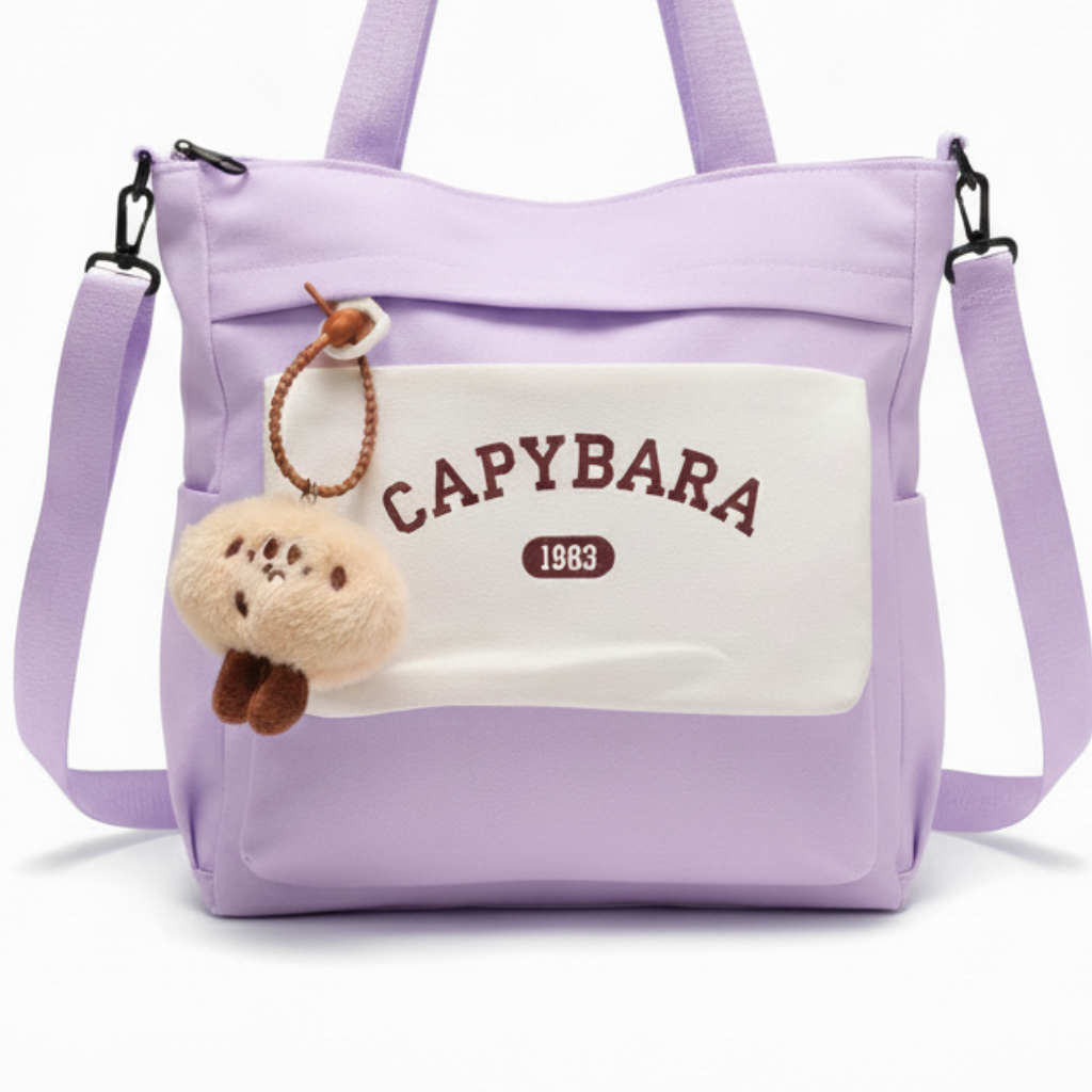 Sac à Main Motif Capybara – Style Coréen Kawaii avec Porte-Clé Peluche Violet