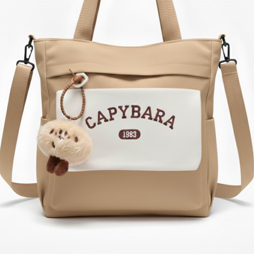 Sac à Main Motif Capybara – Style Coréen Kawaii avec Porte-Clé Peluche Marron