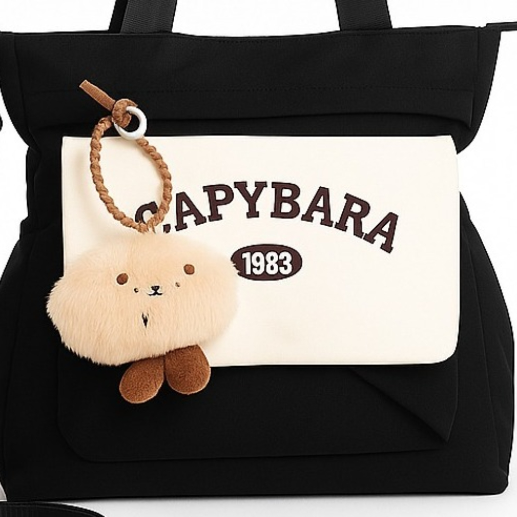 Sac à Main Motif Capybara – Style Coréen Kawaii Avec Porte-Clé Peluche Noir