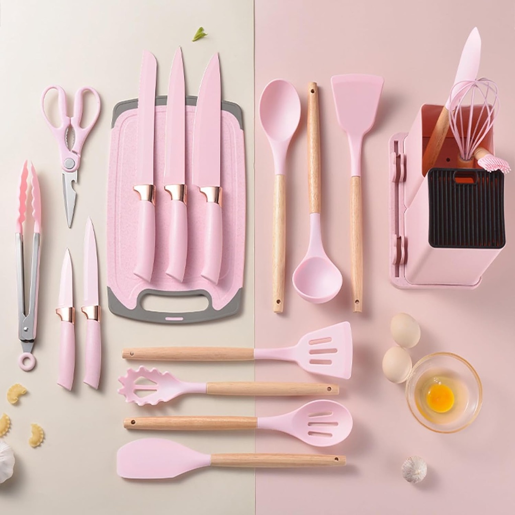 Ensemble de Louches et couteaux et planche avec support-Rose