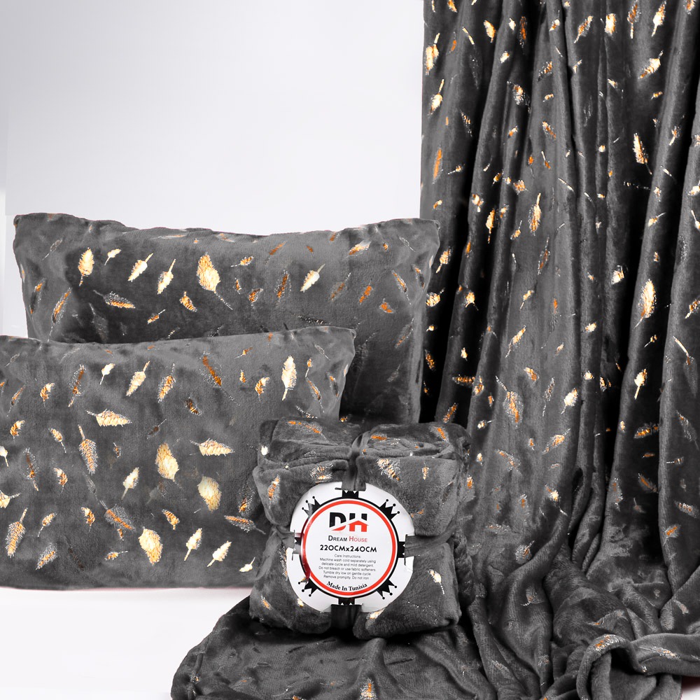 Plaid 2 places en Velours avec 2 coussins 220 X 240 Cm-Gris charbon