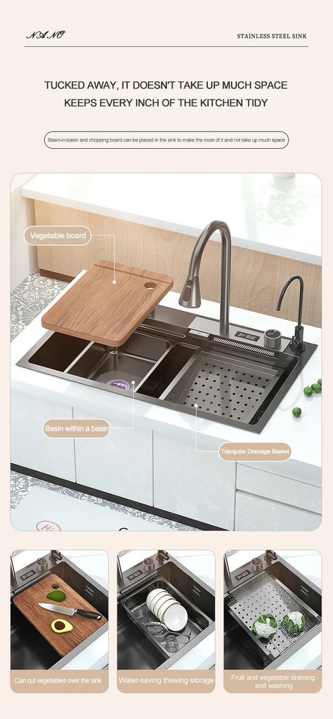 Évier de Luxe Multifonctions de Cuisine en Acier Inoxydable 75x45 cm