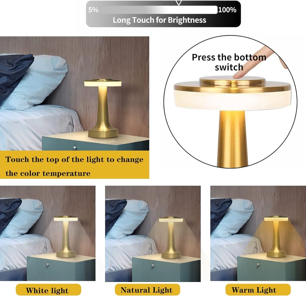 Lampe De Table Portable Sans Fil Rechargeable Avec Tactile Doré